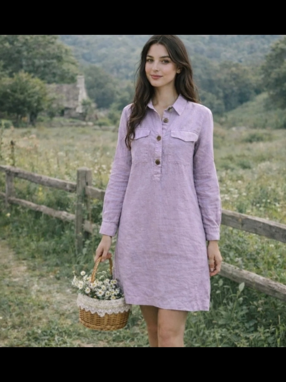 J. Jill Lilac Linen Long-Sleeve Button-Front Shift Dress